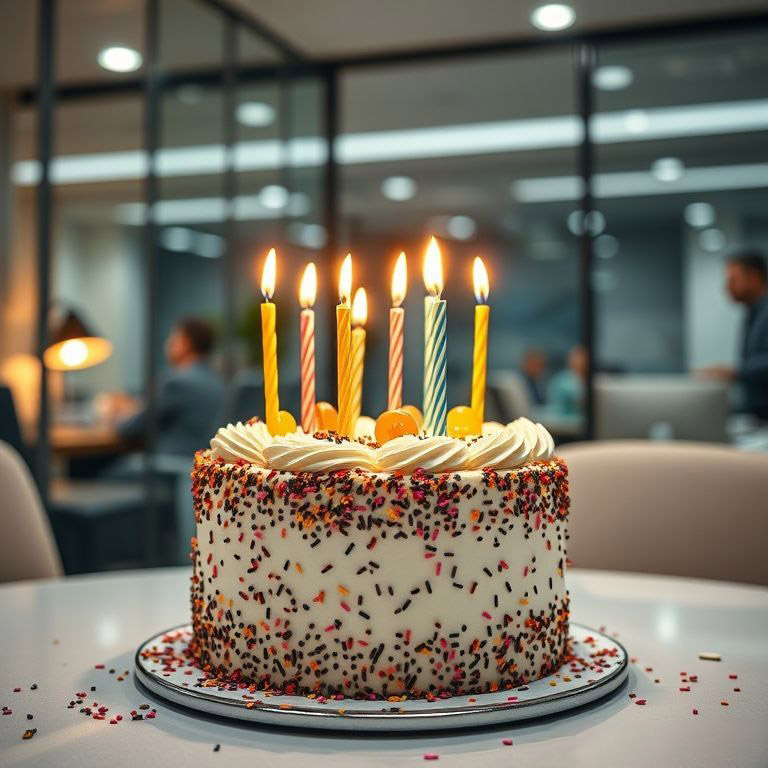 Bolo com velas em ambiente corporativo
